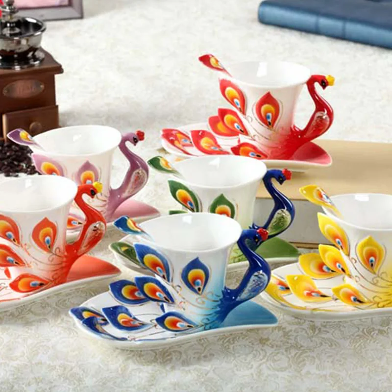 

Hand Crafted Peacock Tea Coffee Cup Set with Saucer and Spoon Delicate Porcelain Mug for Mom Women Grandma Gift Women’s Day Gift