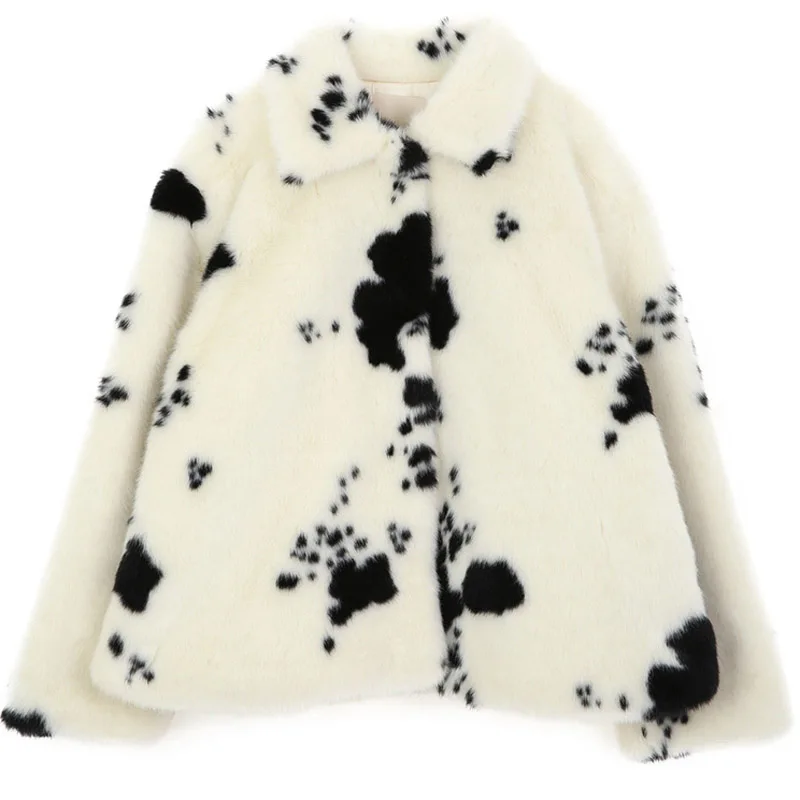 Women Short Thick Black and White Spotted Plush Coats Korean Small Cow Pattern Imitation Mink Fur Coat Female College Jackets