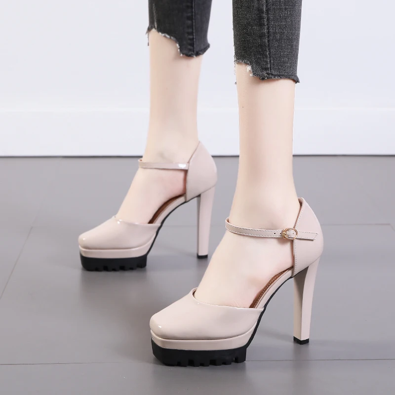 

Ladies Pumps Black High Heels Platform Patent Leather Chunky Shoes 12cm Dresses For Women Fall Shoes Zapatos Tacon