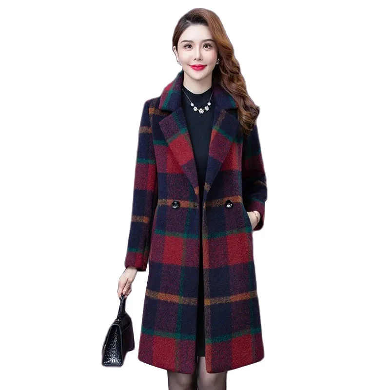 

Women Wool Coat NicePop Autumn Winter lattice Woolen Jacket Women Korean middle aged Femme Mid-length Overcoat Windbreaker Femal