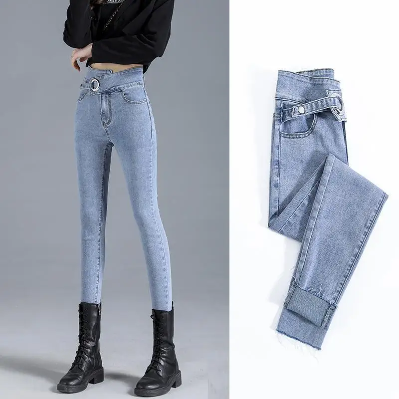 

Woman High Elastic 36 38 40 Stretch Jeans Jeans for Women mom Jeans blue gray black female washed denim skinny pencil pants