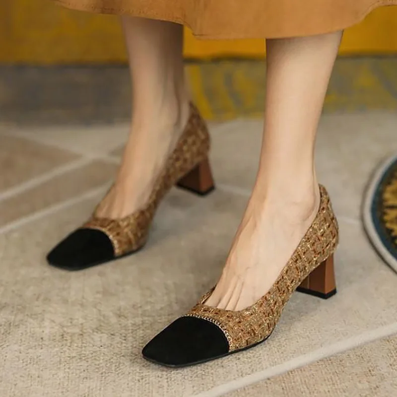 

New Designer Shoes for Women Pumps Costume Tweed High Heels Black Toe Boat Shoes Plaid Cotton Dress Shoes for Female 1129N