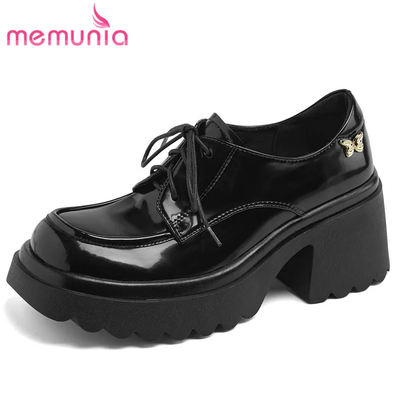 

Новые офисные женские туфли-лодочки MEMUNIA на платформе с бантом-бабочкой, классические туфли на высоком квадратном каблуке, туфли из натуральной кожи на шнуровке, 2023