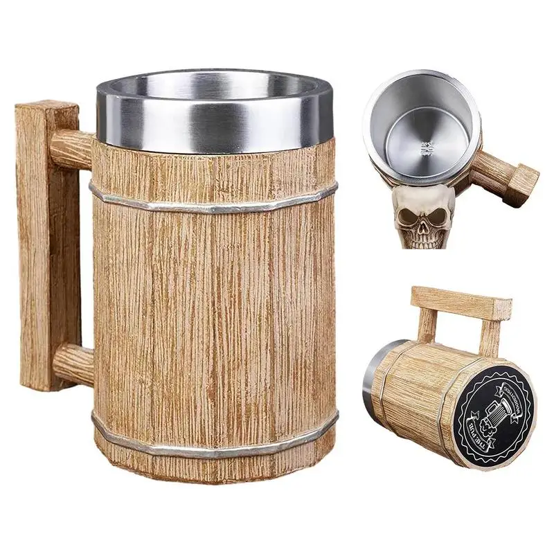 

Viking Drinking Cup 600ml Wooden Barrel Beer Mug Double Wall Stainless Steel Drinkware With Handle Leakproof Mug For Coffee