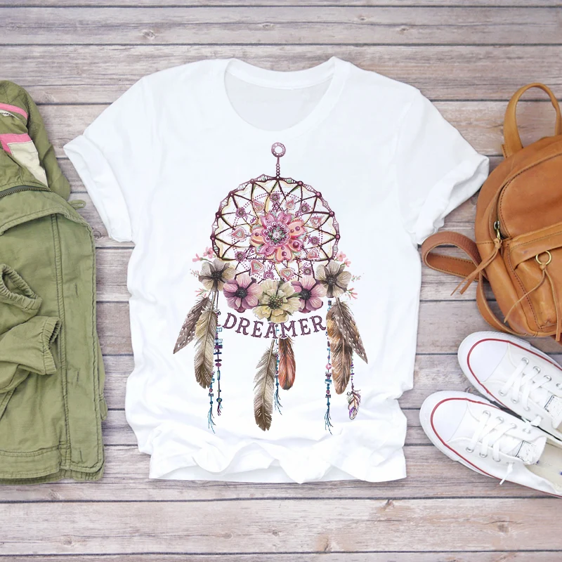 

Women 2021 Summer Short Sleeve Dream Feather Fashion Print Lady T-shirts Top T Shirt Ladies Womens Graphic Female Tee T-Shirt