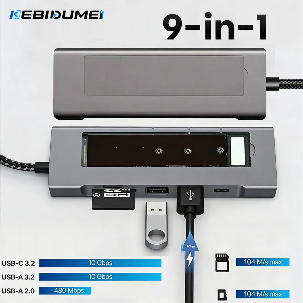 Фото KEBIDUMEI M.2 SSD Enclosure USB C Hub Splitter PD100W Extension Docking Station 10Gbps M2 NVMe External Case 4K 60HzHDMI Adapter №1