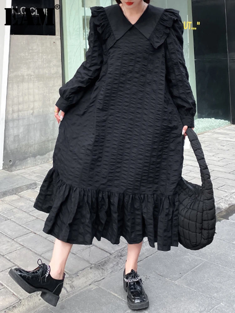 

[EAM] Women Black Ruffles Pleated Big Size Dress New Peter Pan Collar Long Sleeve Loose Fit Fashion Spring Autumn 2022 1DE6818