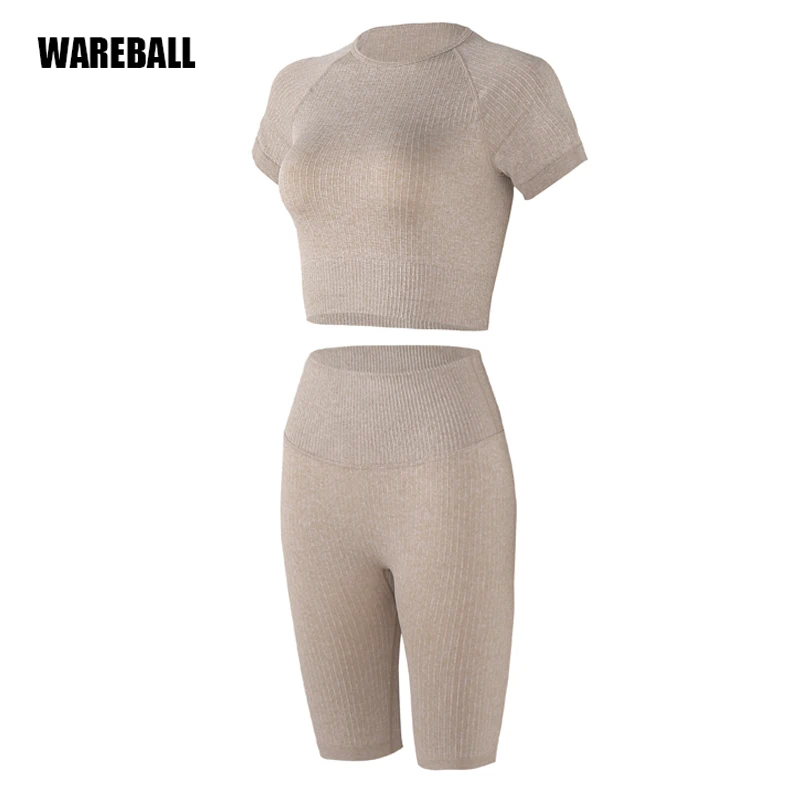 WAREBALL Seamless Yoga Set Women 2pcs Crop Top T-shirt High Waist Shorts Gym Clothes Sport Suit Workout Outfit Sport Wear