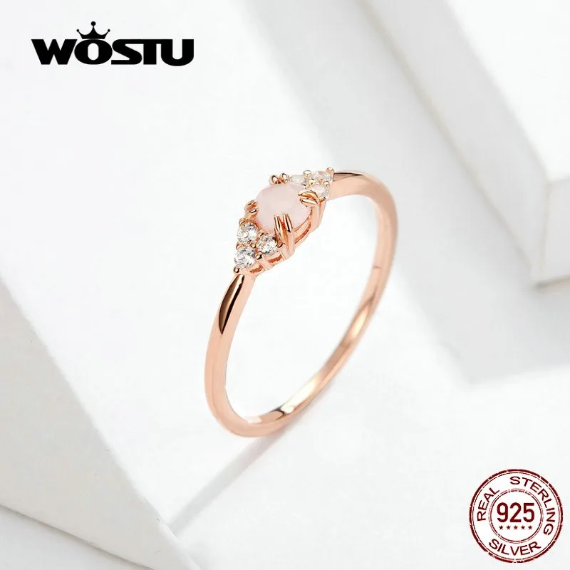 WOSTU 100% 925 Sterling Silver Pink Opal Ring For Women Wedding Rose Gold Zircon Finger Rings Silver Jewelry Gift FIR534