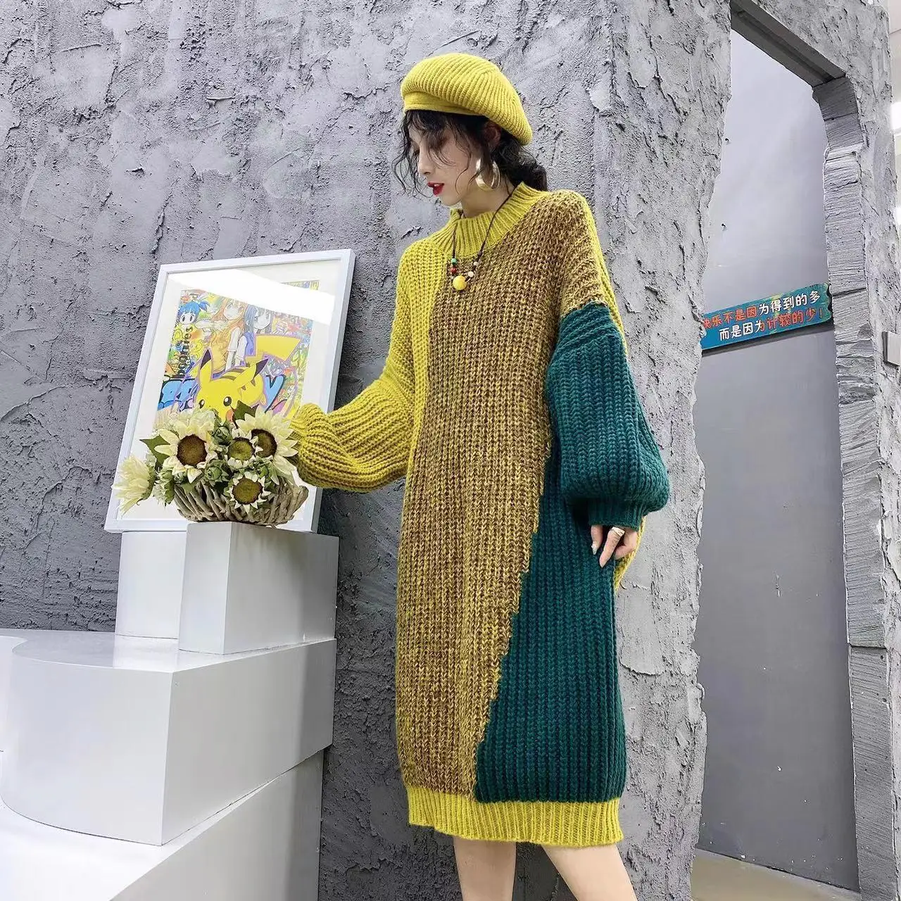 

Новинка 2023, женские вязаные платья с круглым вырезом на осень и зиму, женское прямое платье в стиле пэчворк, женский свитер с длинным рукавом...