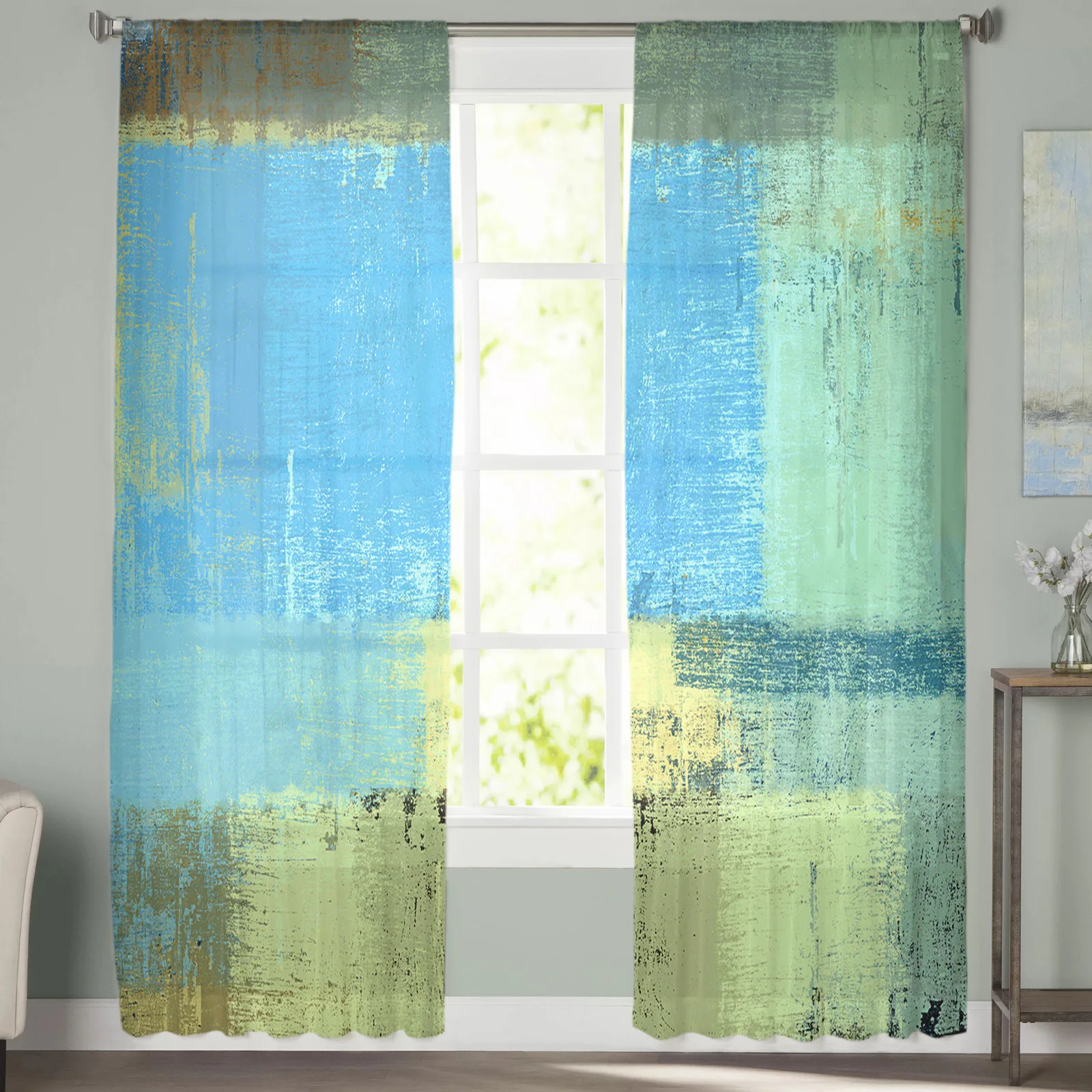 

Abstract Oil Painting Geometry Tulle Curtains For Living Room Bedroom Decoration Luxury Voile Valance Sheer Curtains For Kitchen