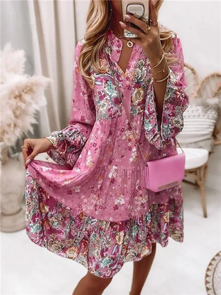 

2023 Spring Oversize Print A-line Women's Dress Elegant Pleated Long Sleeve Casual Dresses Female Fashion Beach Ladies Clothes