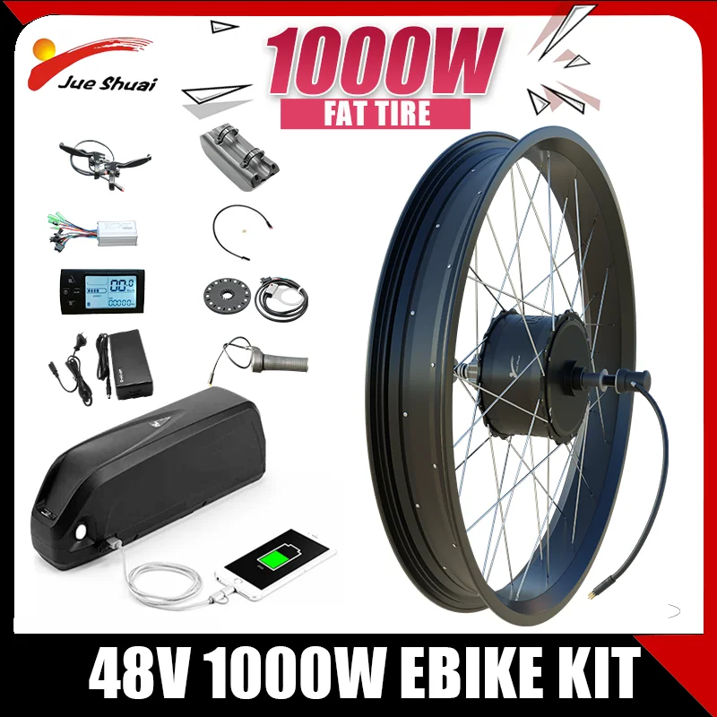 

48V 1000W Fat Tire Electric Bike Conversion Kit Powerful Brushless Hub Motor 20" 26" Rear Lithium Controller LCD Throttle Ebike