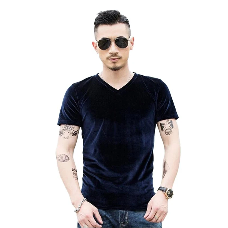 

Plus size men velour T-shirts 6XL 7XL short sleeve V-neck Velvet tops fashion Korean style men's hip hop streetwear T-shirts
