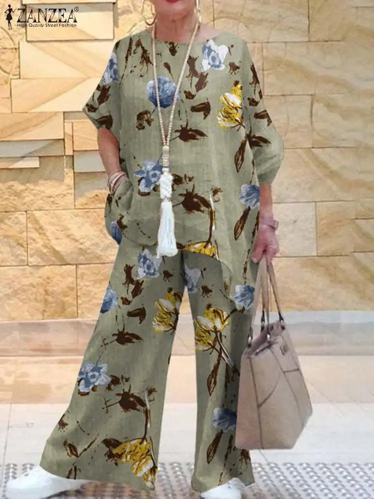 

2PCS Vintage Long Sleeve Blouse Wide Leg Pants Sets ZANZEA Women Bohemian Floral Printed Trousers Suits Summer Matching Sets