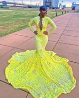 yellow luxury mermaid evening dress 2022 women long sleeve lace court train deep v neck ladies formal party gown abiti da sera