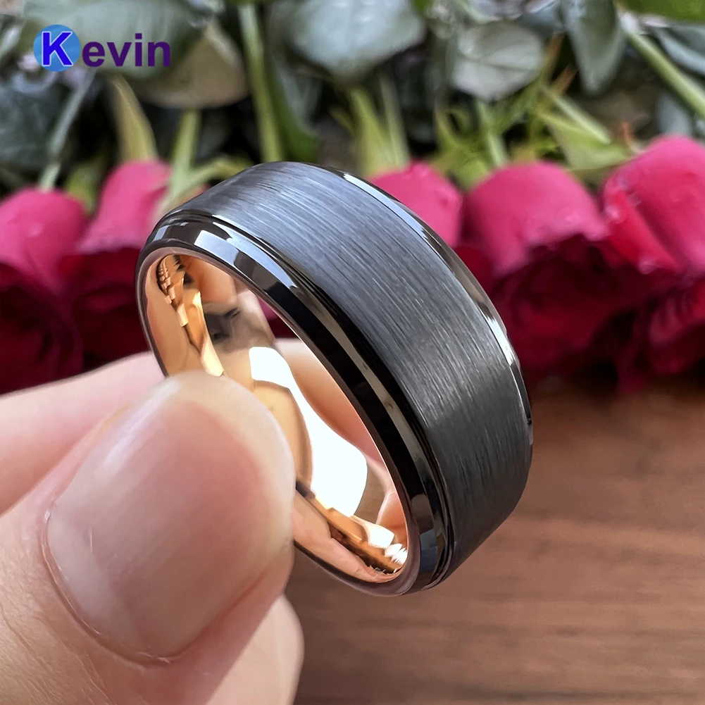 

Tungsten Carbide Ring Mens Wedding Band Black Rose Gold Color Stepped Beveled Edges With Comfort Fit