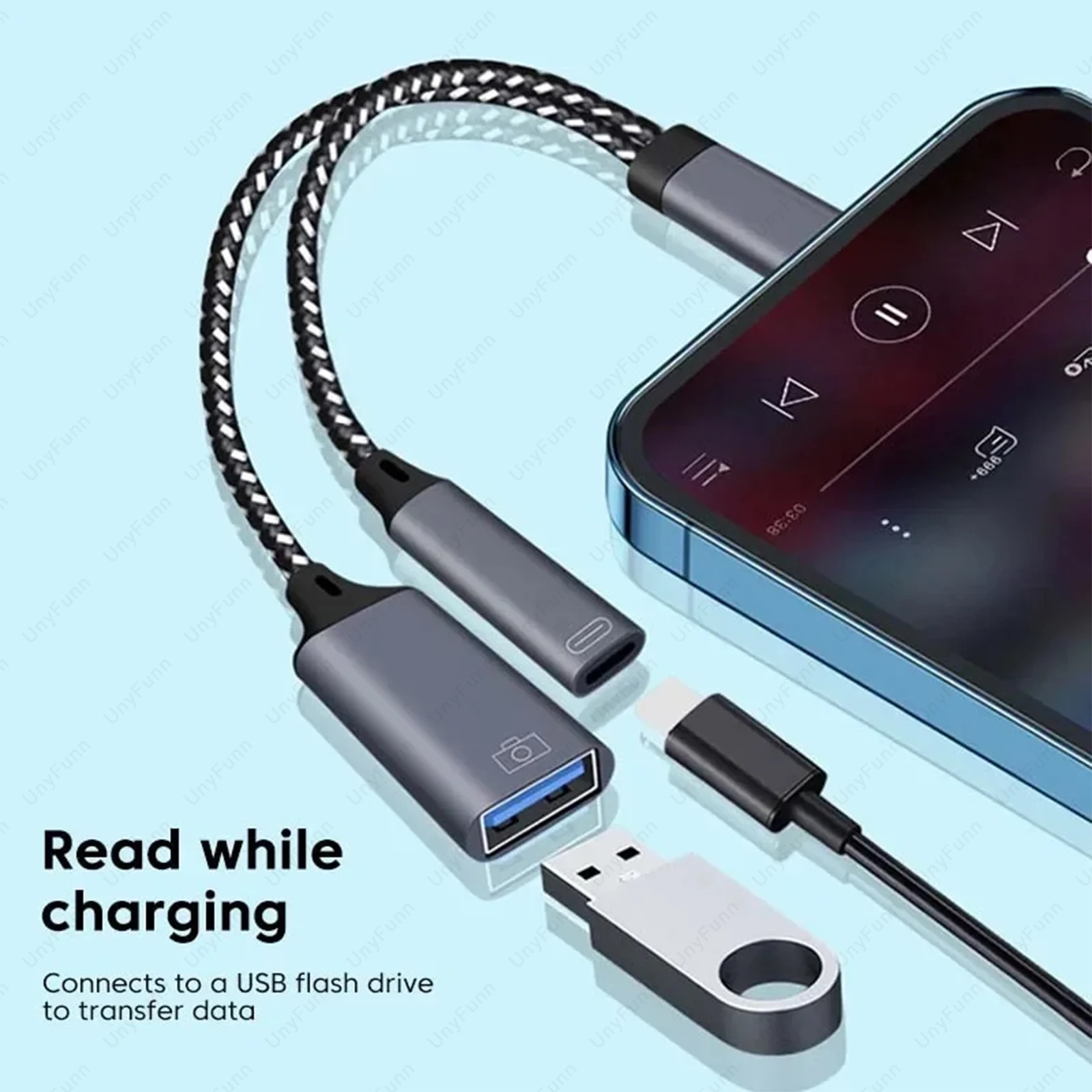 Фото Кабель OTG 2 в 1 для iPhone с адаптером для зарядки, адаптером USB A с портом для зарядки PD для IOS 13 и ExFAT и FAT32 №5