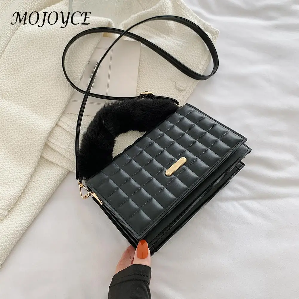 

Small Square Purse Handbags Plush PU Leather Bag Women Daily Lattice Solid Color Shopping Bags Handbags