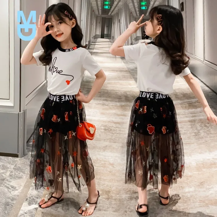 

New Fashion Summer Kids 2PCS Girl Clothes Sets Teenage 6 8 10 12 14 Years Casual School Clothes Sets Tops T-shirt Tutu Skirt Out