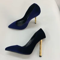 2021 Autumn Blue Velvet High Heels Shallow Mouth Pointed Sheepskin Single Shoes Ultra High Heel Shaped Heel Sexy Women's Shoes
