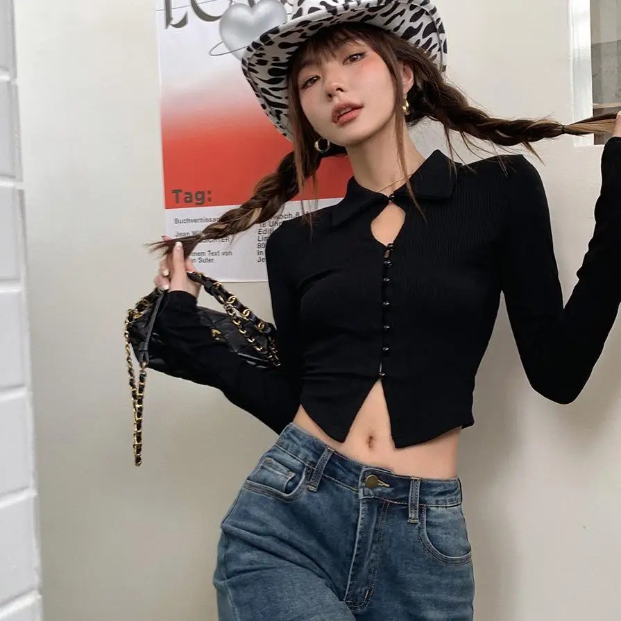 Jazz style women's clothing sweet and cool Korean girl group style slim short long-sleeved T-shirt pearl button shirt dance top