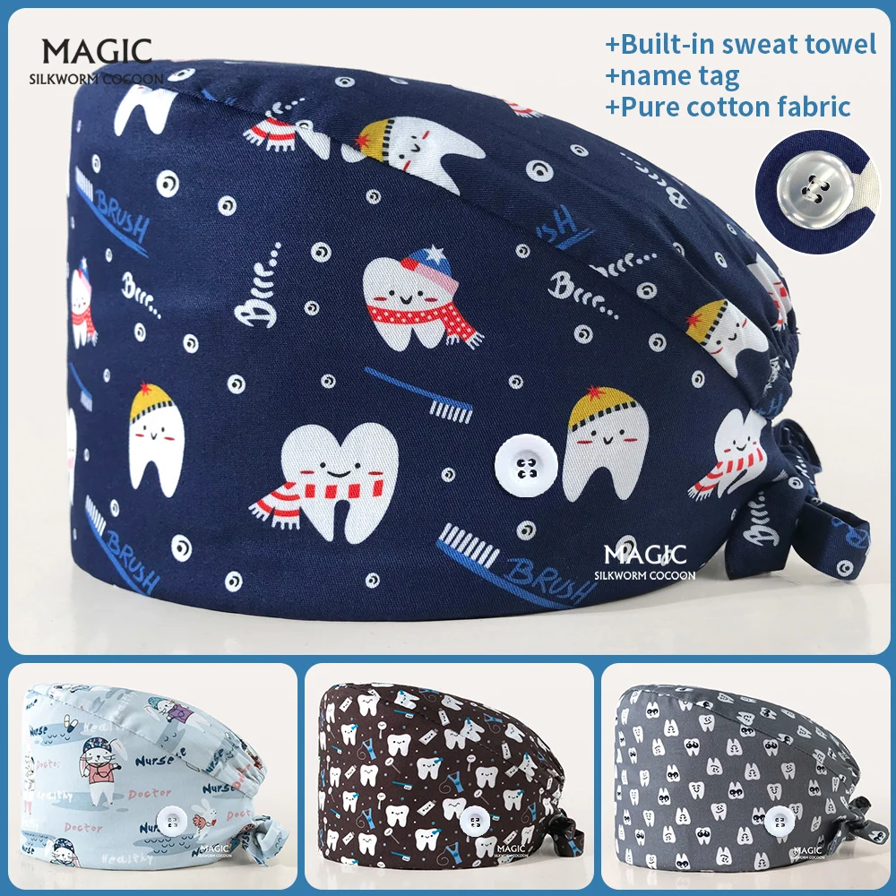 Stampa Dei Denti Cappelli Medici Regolabili Ospedale Dentale Scrub Cappellini Unisex Tie Back Cartoon Scrub Cappelli Salute Infermieristica Cappelli D