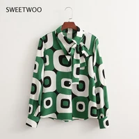 2022 spring women green geometry print shirt blouse long sleeve chic female office lady tops fashion tide chic slim contracted