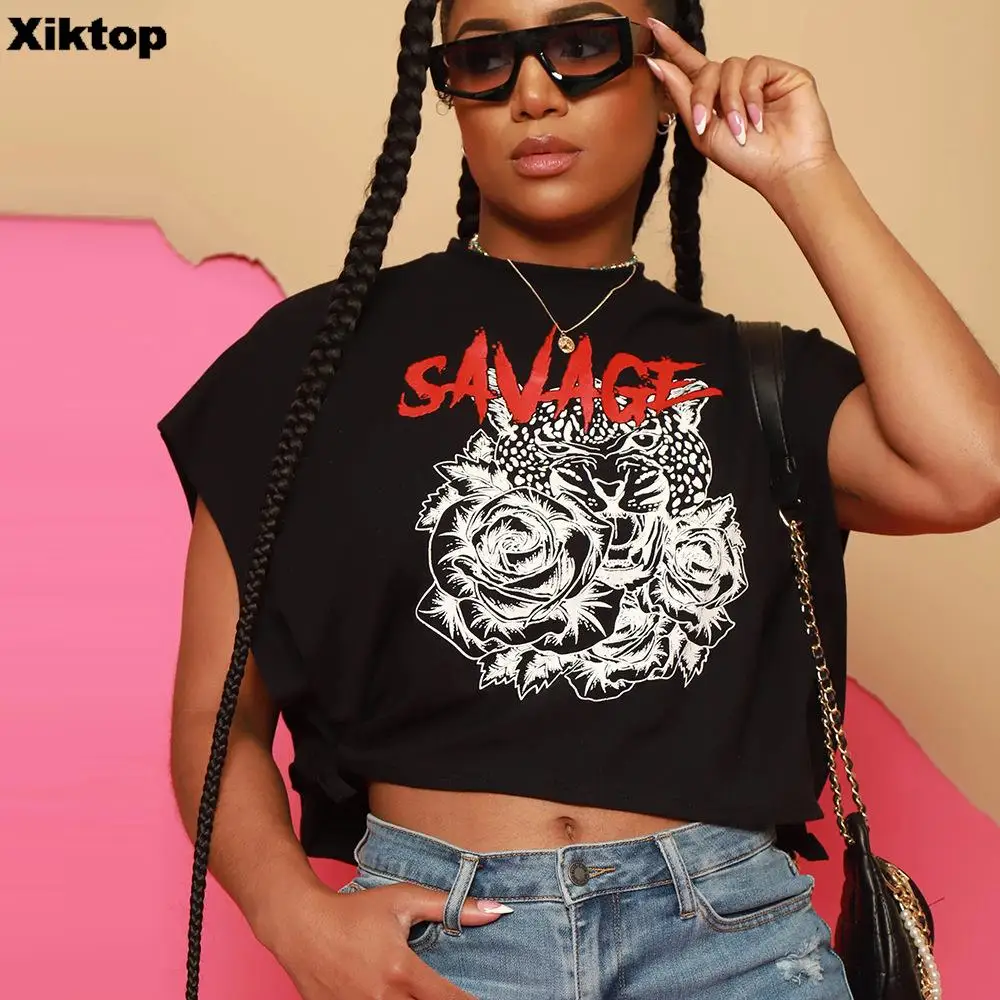 

Xiktop Harajuku Slim Girls Casual T-shirt Printed Skull Short-sleeve Cropped Tops Tee Streetwear 2000s Y2k Clothing