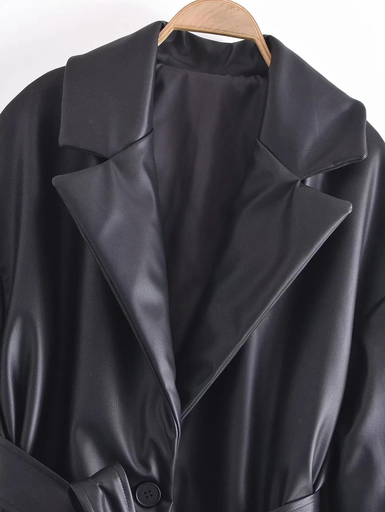 SLTNX Winter 2022 Women Leather PU Jacket Coats Black Long Sleeve with Pockets Lace Up Jackets Ladies Casual Warm Heavy Coats