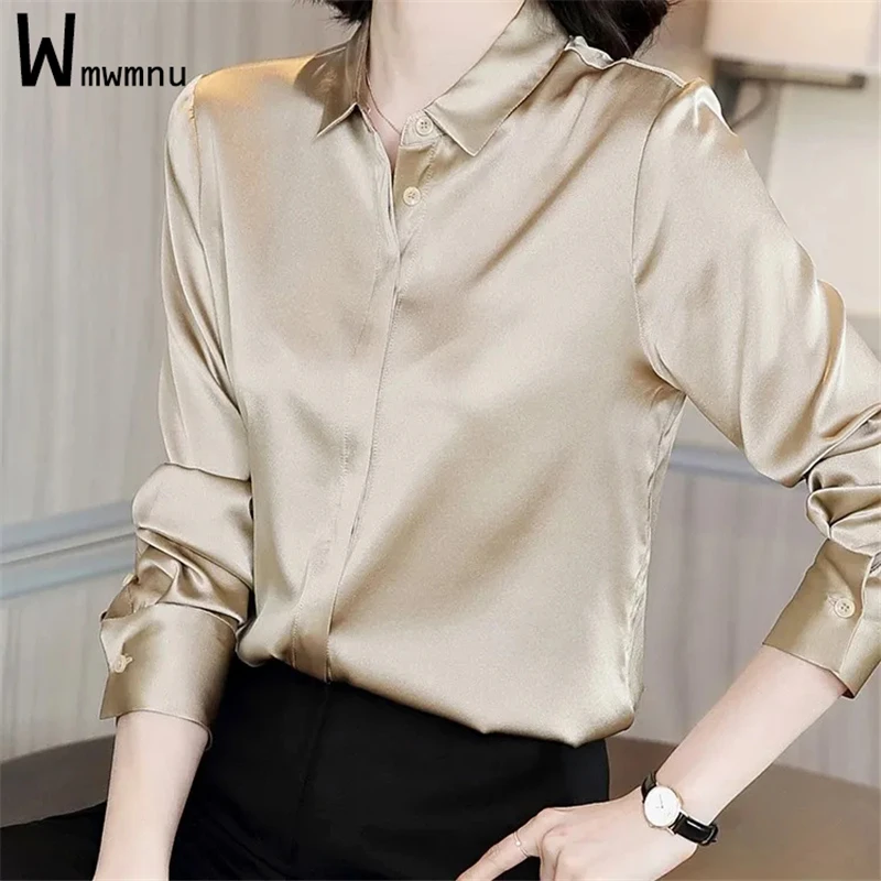 

Satin Solid Full Sleeve Single Breasted Office Lady Casual Blouse Korean Fashion Women Formal Elegant Classic Basic Work Shirt