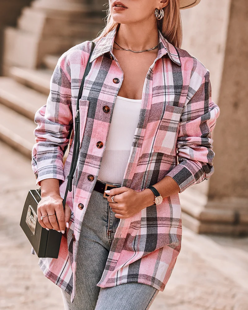 

2023 Spring Autumn Plaid Print Long Sleeve Button Down Shacket Women Casual Daily Wear Outdoor Shirts Female Ropa Turn Full Tops
