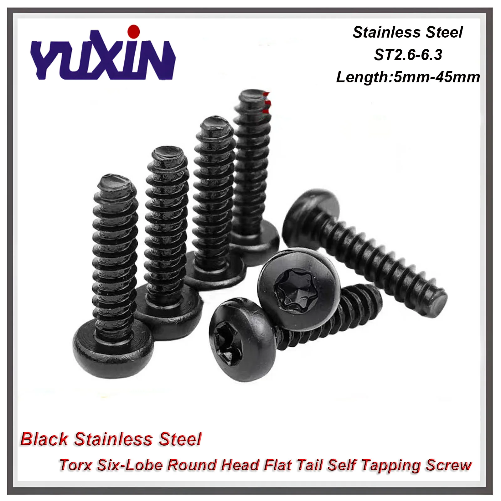 Фото 5-100 шт. Саморез Torx ST2.6-ST6.3 Черный саморез Torx из нержавеющей стали с шестилопастной круглой головкой и плоским хвостом №1