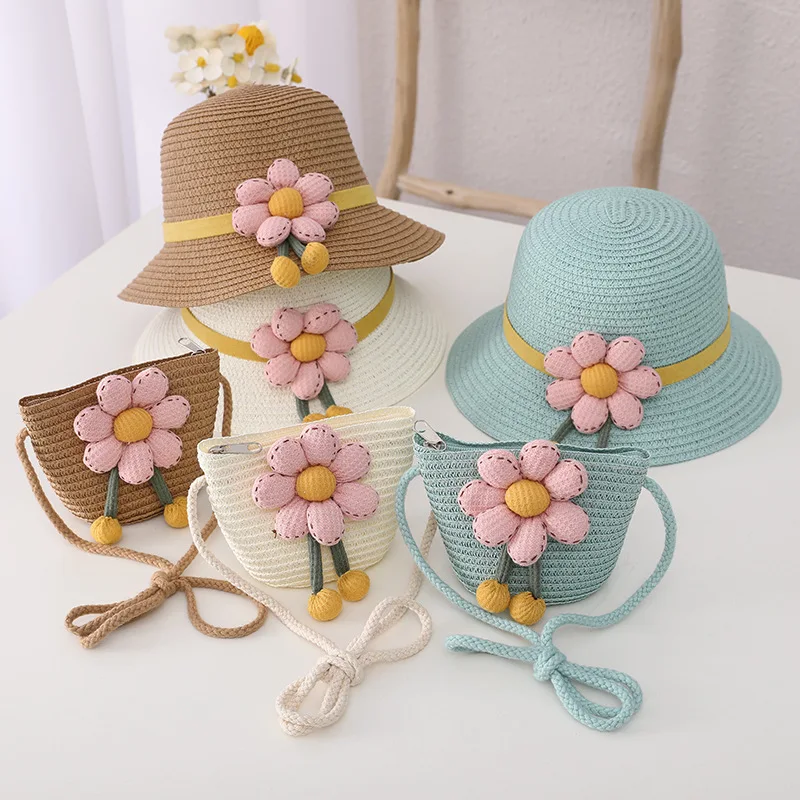 

2022 New Girl Sun Hat Bags Kids Straw Weave Cute Backpack Coin Purse Baby Sweet Style Seaside Sun Protection Caps Sunshade Tool