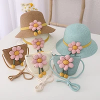 2022 new girl sun hat bags kids straw weave cute backpack coin purse baby sweet style seaside sun protection caps sunshade tool