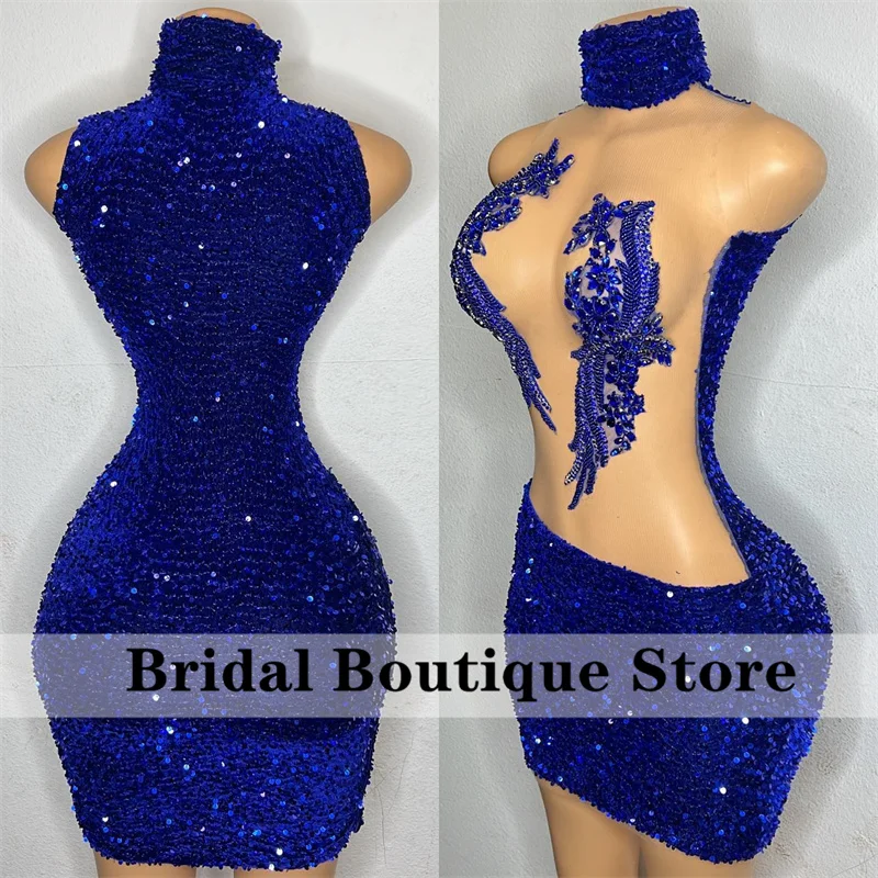 

Sexy Royal Blue Short Prom Dresses High Neck Mesh Sparkly Crystal Rhinestones See-Thru Birthday Party Gowns Cocktail Robe De Bal