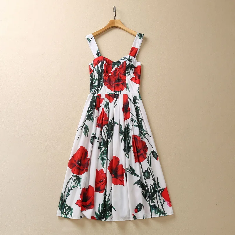 European and American women's clothes 2023 spring new sling sleeveless carnation print Fashion pleated dress