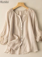 zanzea women summer shirt elegant o neck 34 sleeve blouse casual solid tops tunic loose buttons chemise 2022 blusas femininas