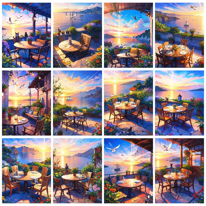 

GATYZTORY Modern Painting By Numbers Seaside Balcony Landscape Pictures With Numbers Wall Art For Adults Home Decors Gift