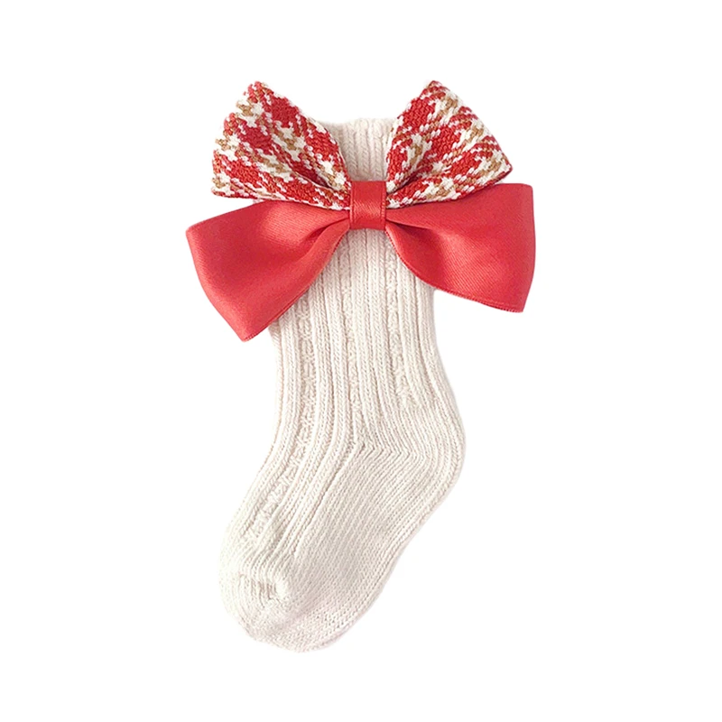 

0-5T Toddler Baby Girl Houndstooth Big Bow Retro Socks Non-Slip Rib Knit Cotton Socks Warm Socks
