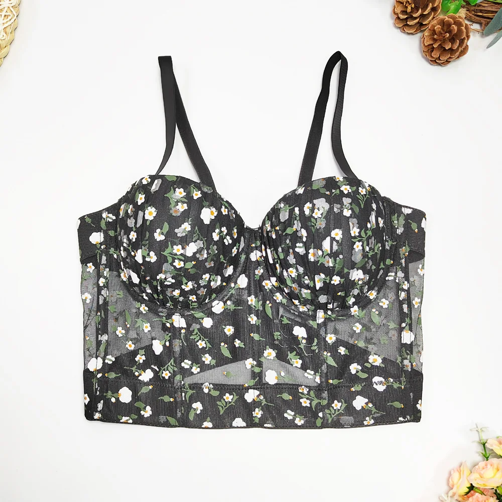 

Mesh Floral Print Vest Elegant Chest Wrapping Women New Fashion Sexy Sleeveless Short Bustier Corset Crop Tops Mujer F542