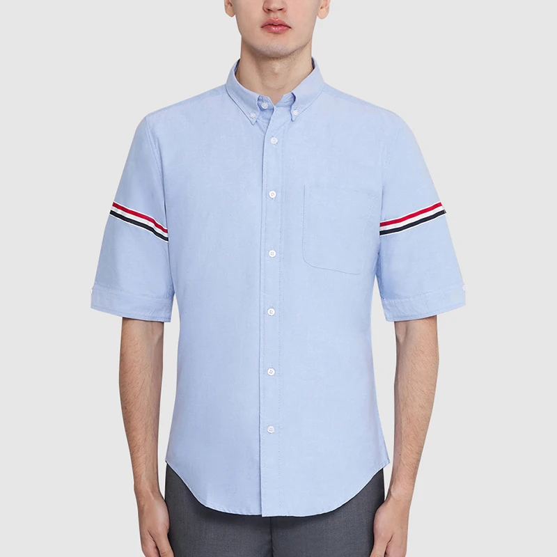 TB THOM Men's Shirt Solid Fashion Top Brand Striped Sleeves Slim Casual Oxford Fine Cotton High Quality Summer Cool Short Shirts