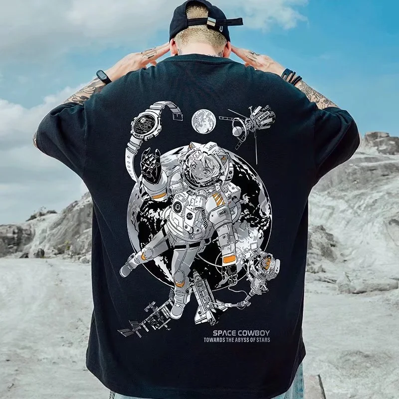 

Summer Harajuku style national tide American astronaut loose short sleeve t-shirt men and women large couple 5-point sleeve