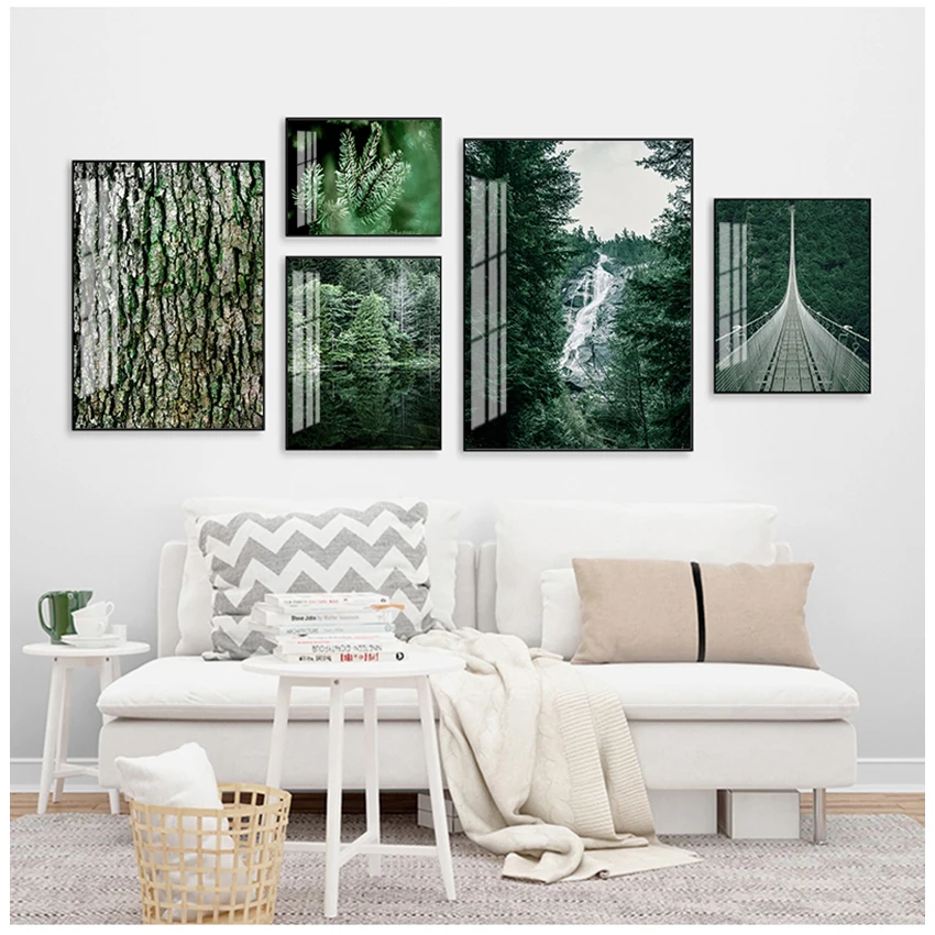 

Nordic Decoation Forest Waterfall Bridge Landscape Picture Scandinavian Scenery Nature Canvas Wall Art Print Painting