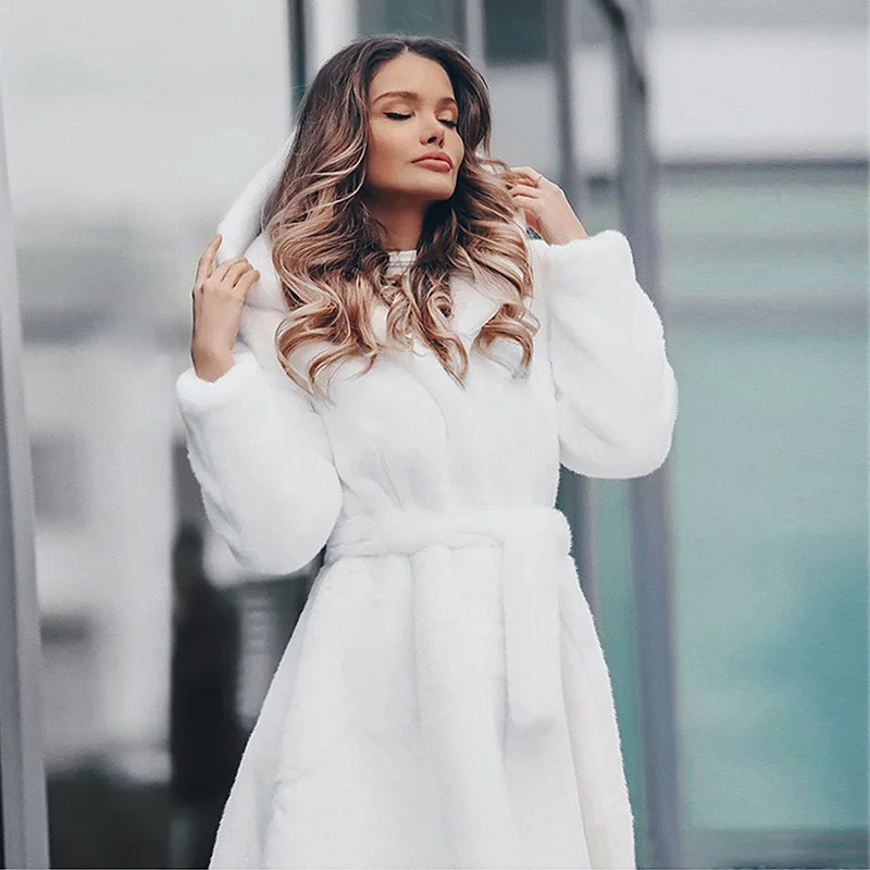 2022 Autumn/Winter New Faux Fur Coat Women's Long Style Over The Knee Hooded Belt Waist Oversized Thick Warm Fur Coats Female