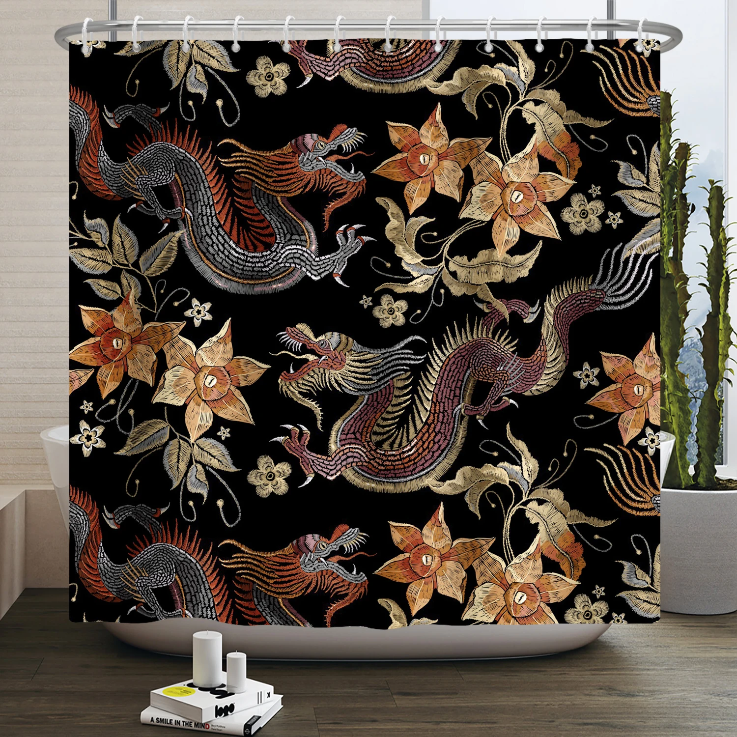 

Dragon Shower Curtain Chinese Horns Mane and Claws Flower Mythical Creature Monster Waterproof Fabric Mid Century Bathroom Decor