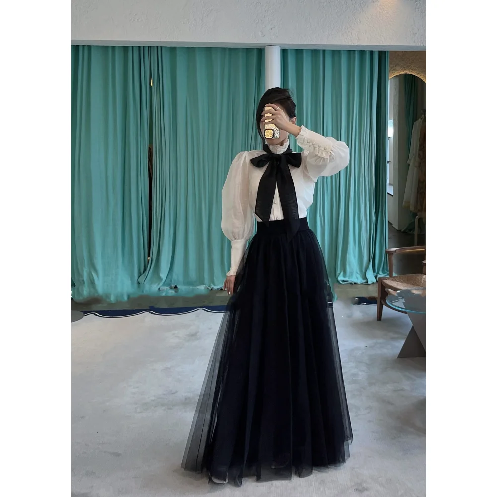 

Top Quality Spring New 2023 High Waist All-matching Black Skirt and Straight Long Sleeve White Blouse with Bow-tie Sets