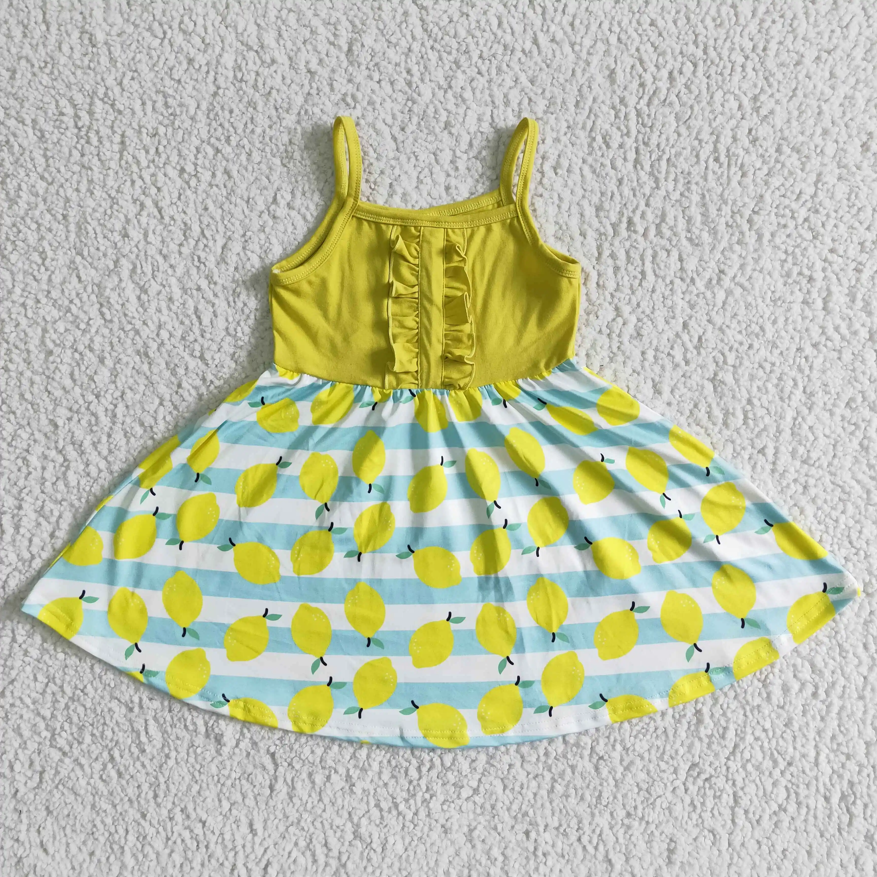 

Summer baby girl dress boutique casual dresses lemon print ruffles design wholesale new kids dresses for girls