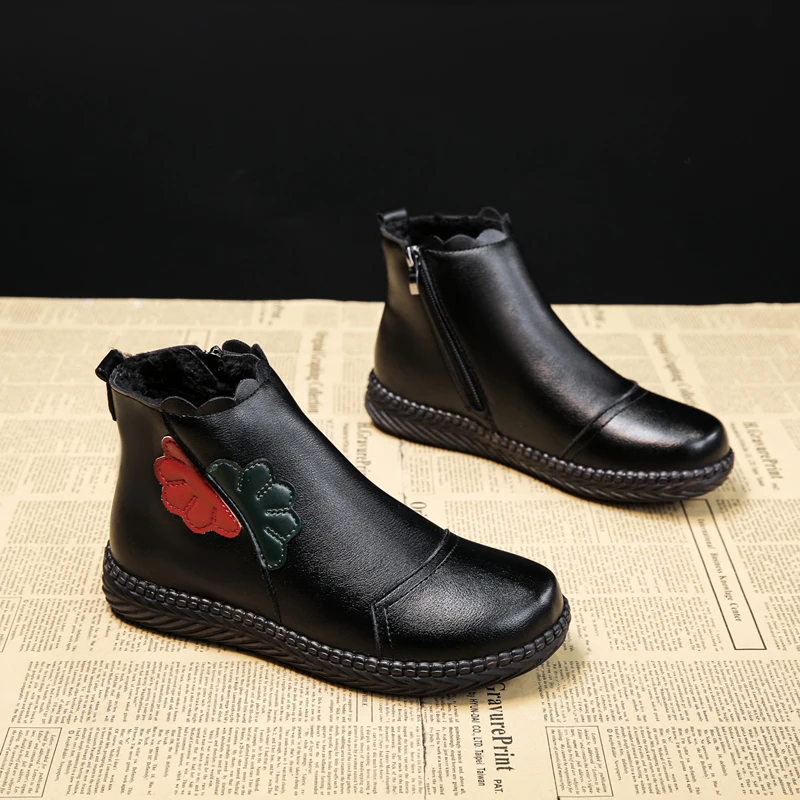 2023 Winter Women Genuine Leather Ankle Boots Handmade Lady Soft Flat Shoes Comfortable Casual Moccasins Side Zip Ankle Boots