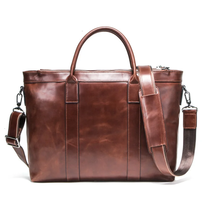 New Genuine Leather Mens Laptop Messenger Bags Shoulder Retro Man Business Affairs Briefcase 14 Inch Computer Male Package 2022